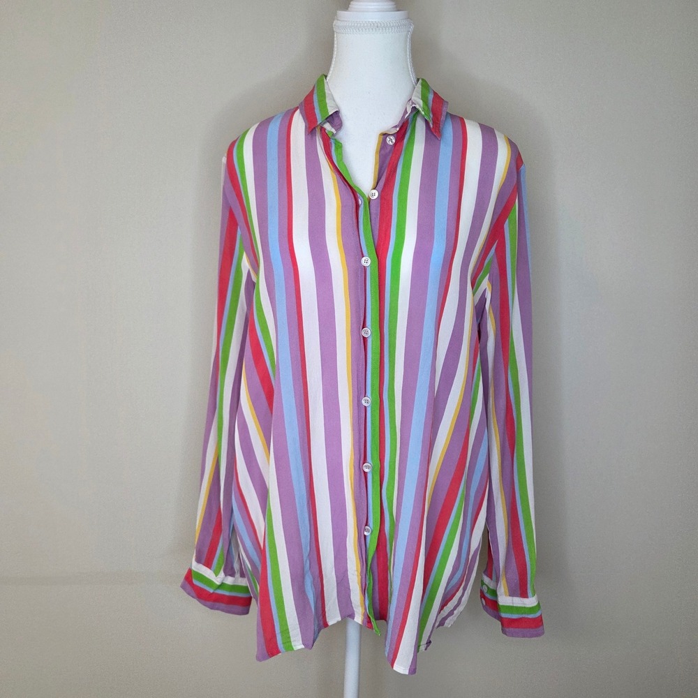 Marella‎ Silk Blouse Multi-Color Vertical Stripe Button Down Long Sleeve Size L